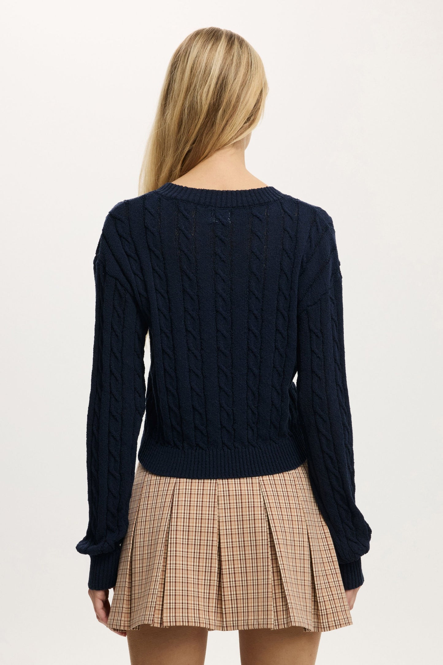V-Neck Cotton Cropped Cable Pullover