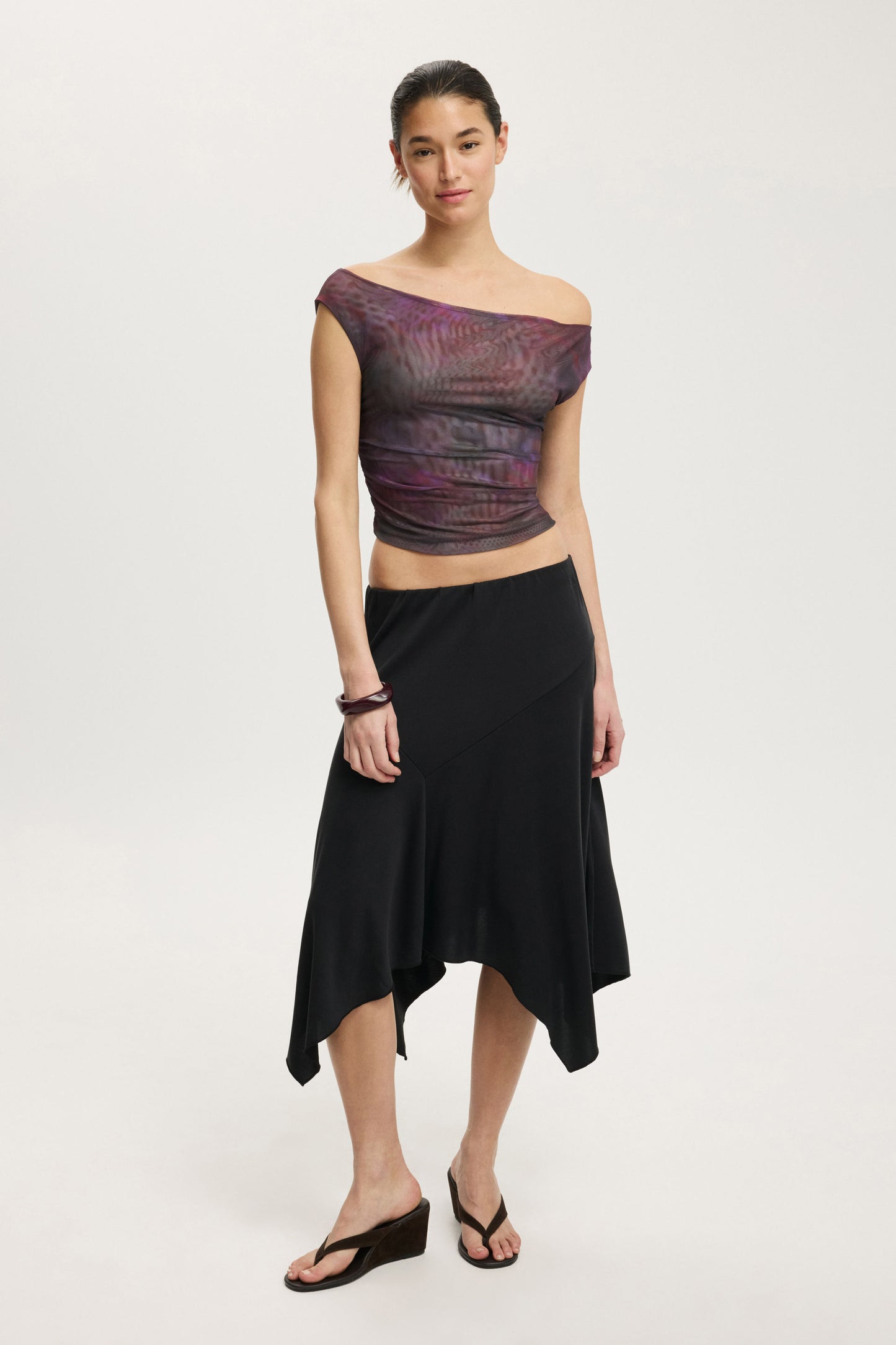 Gathered Mesh Off Shoulder Top