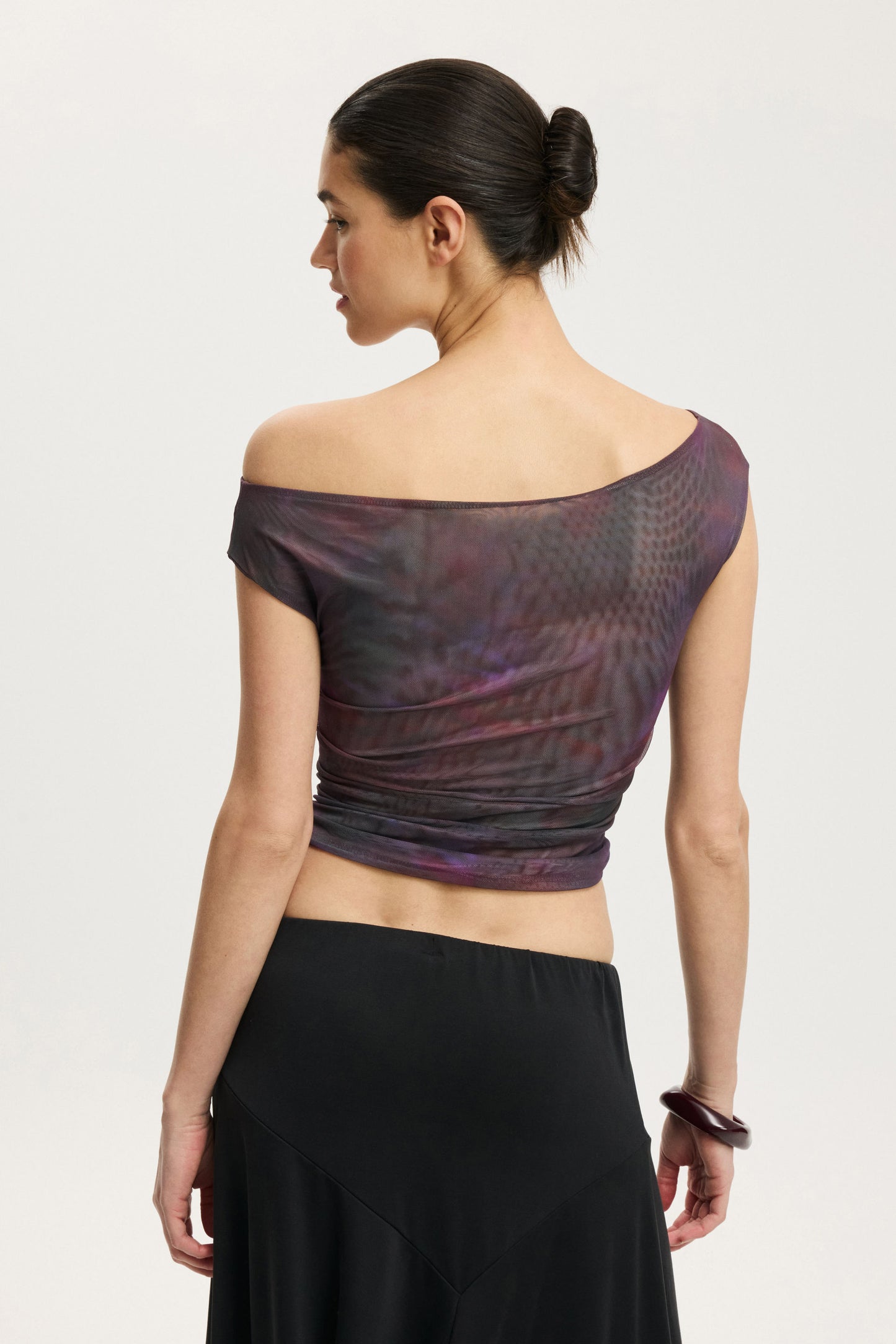 Gathered Mesh Off Shoulder Top