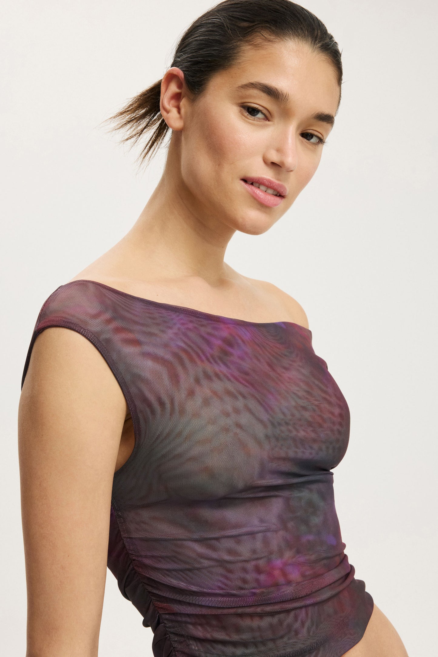 Gathered Mesh Off Shoulder Top