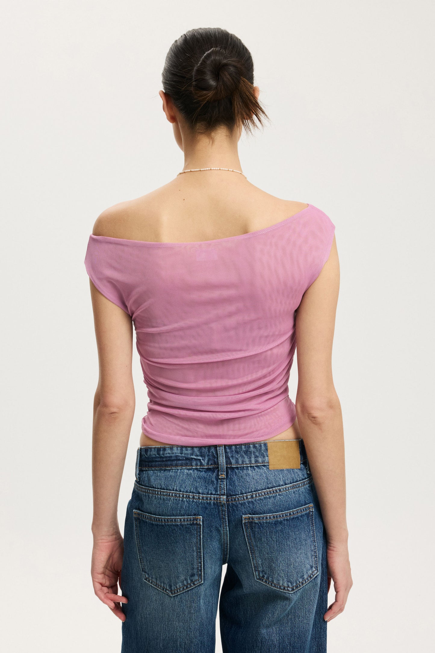 Gathered Mesh Off Shoulder Top