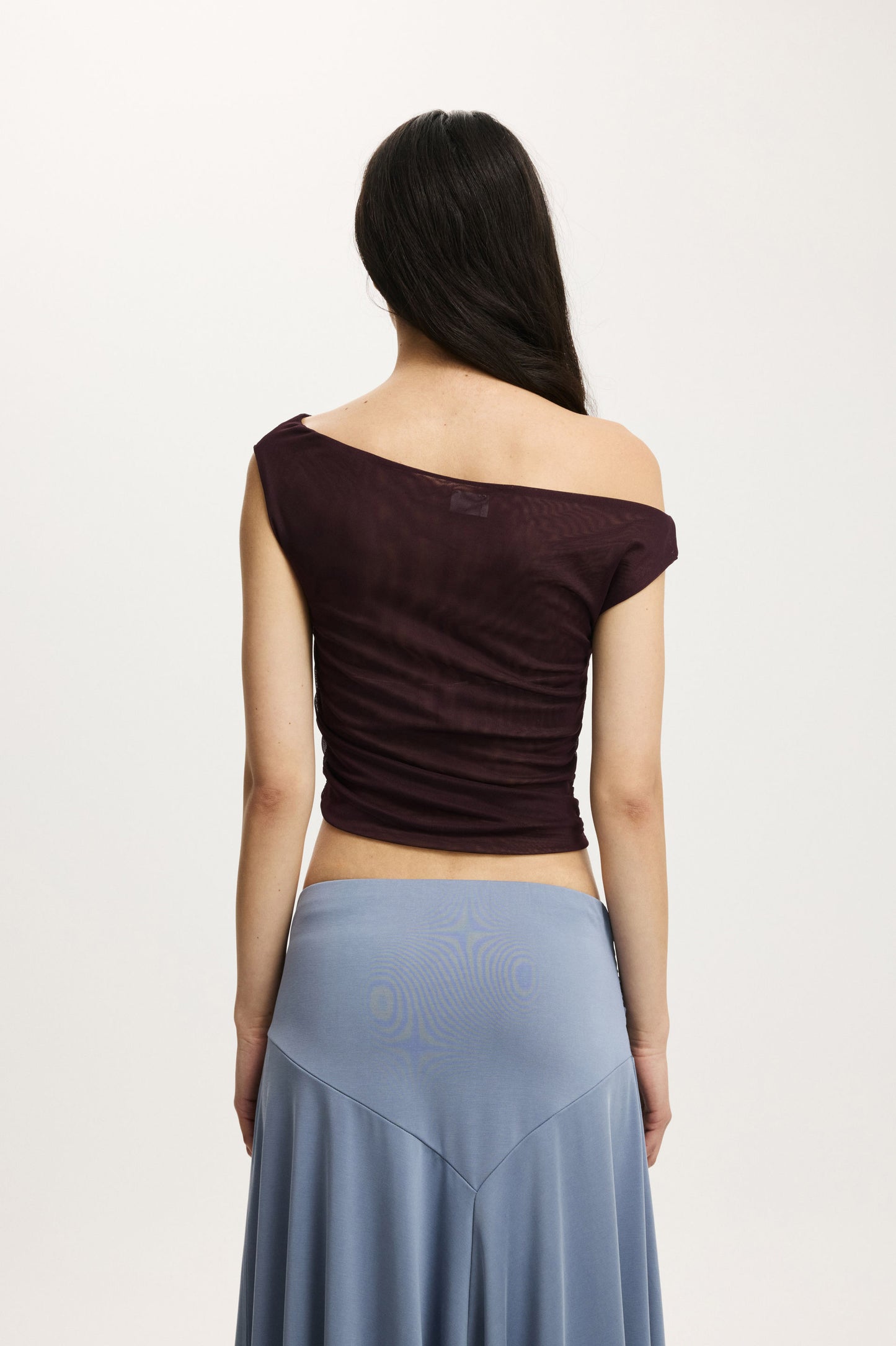 Gathered Mesh Off Shoulder Top