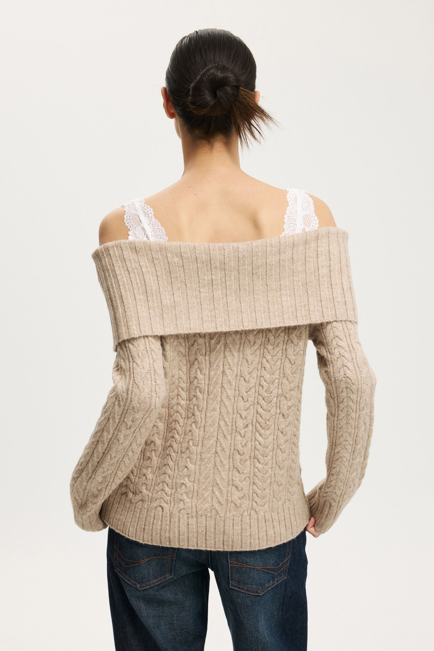 Fluffy Cable Off Shoulder Knit