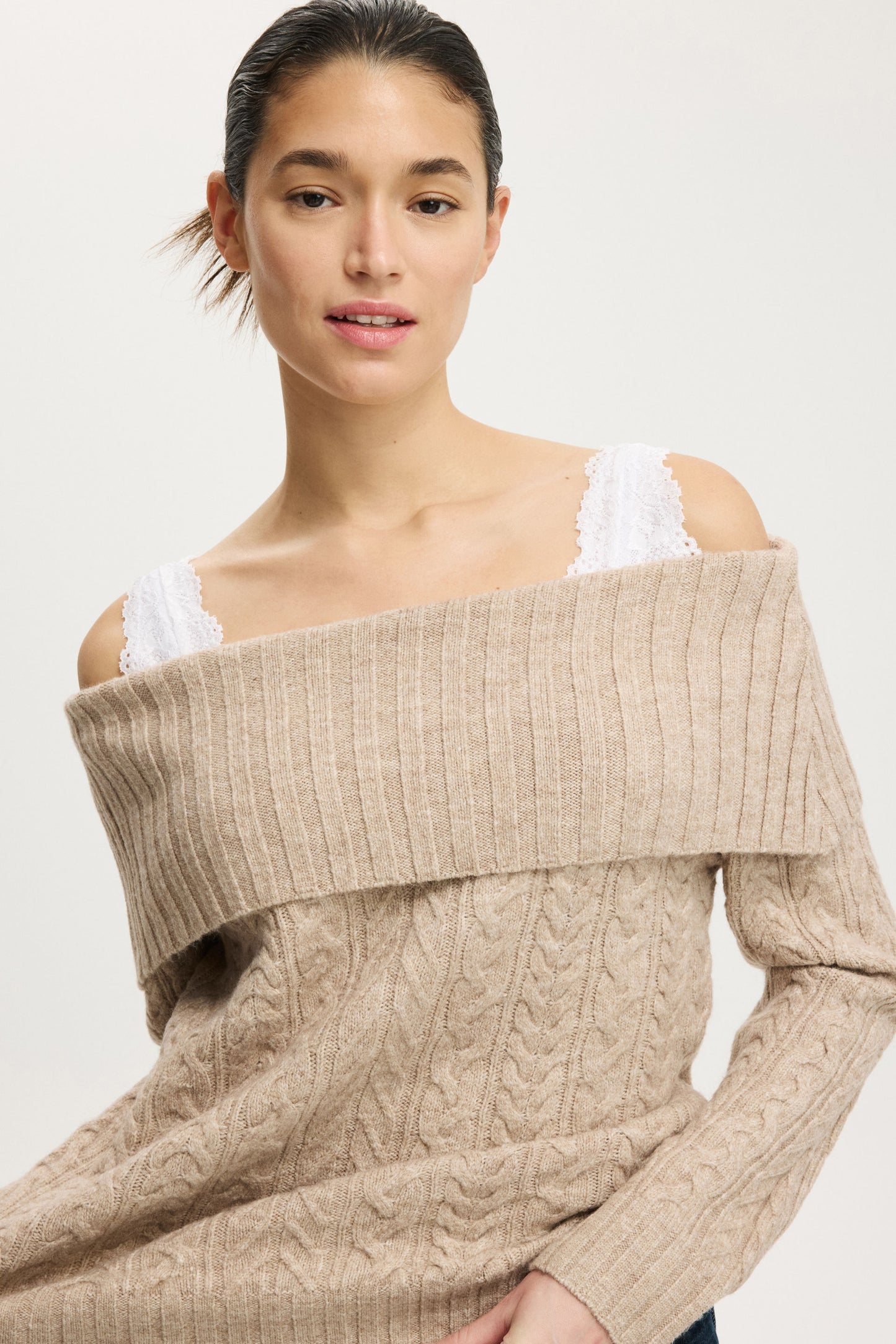 Fluffy Cable Off Shoulder Knit
