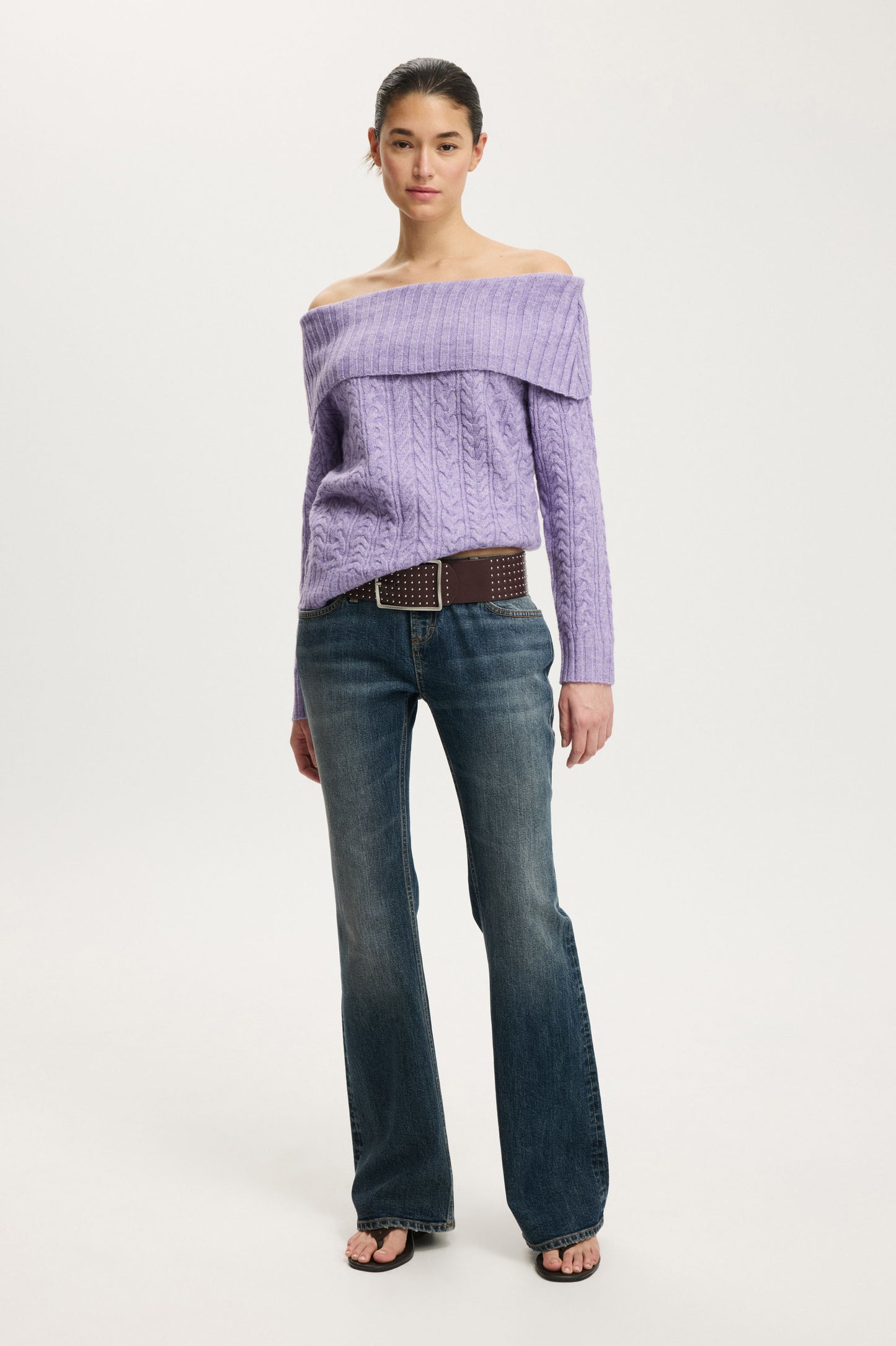 Fluffy Cable Off Shoulder Knit