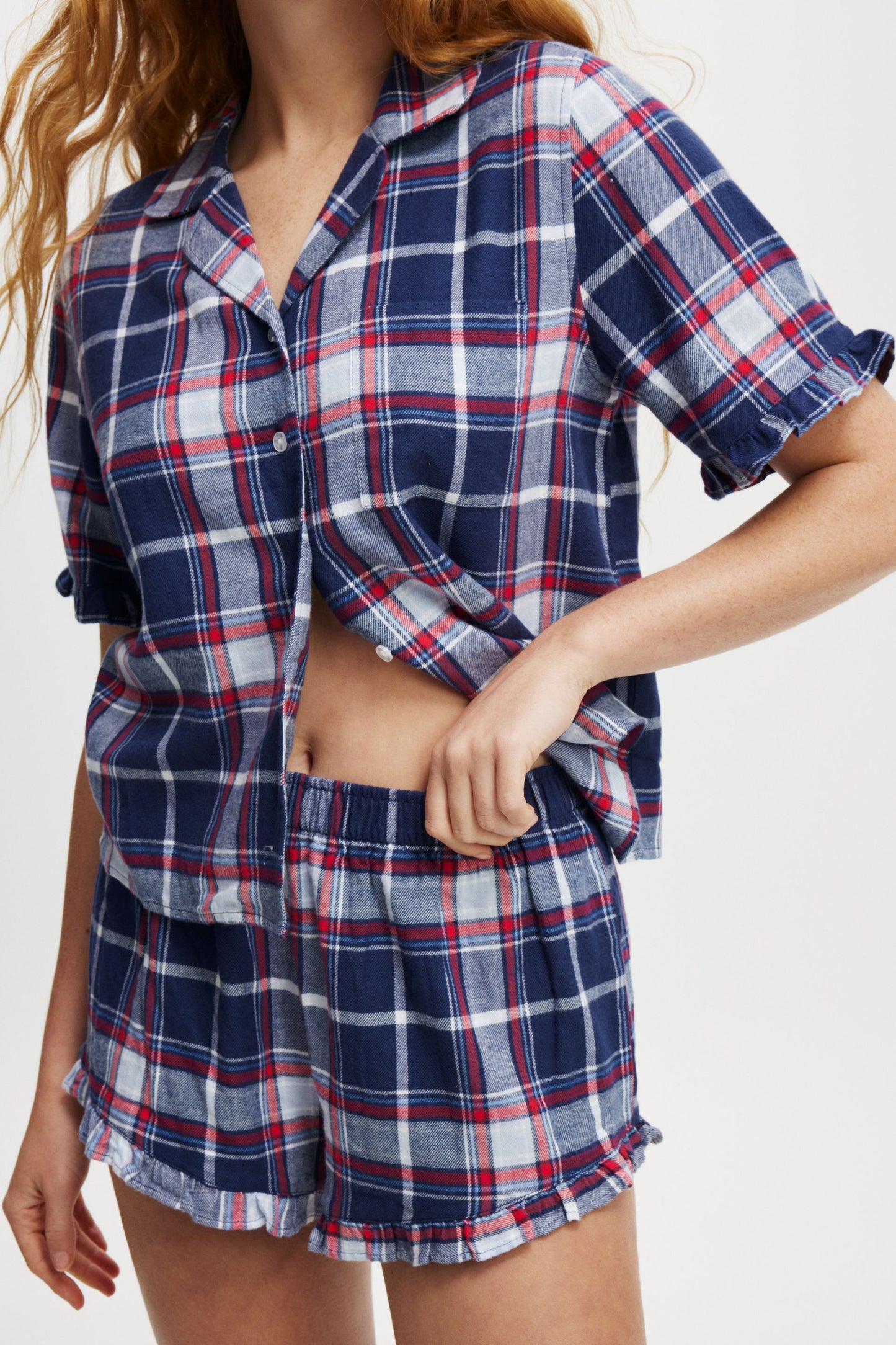 Flannel Short Sleeve Shirt And Short Sleep Set