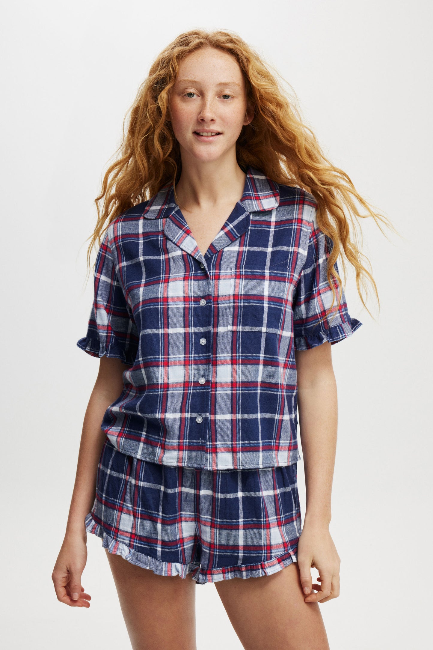 Flannel Short Sleeve Shirt And Short Sleep Set