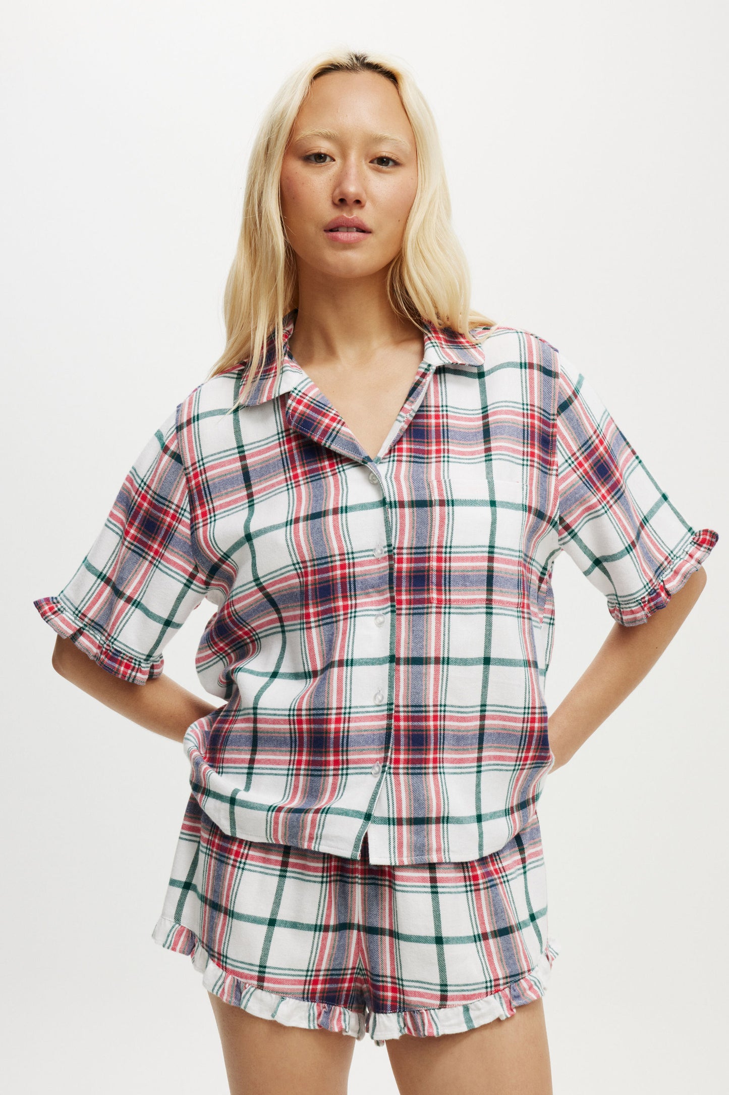 Flannel Short Sleeve Shirt And Short Sleep Set