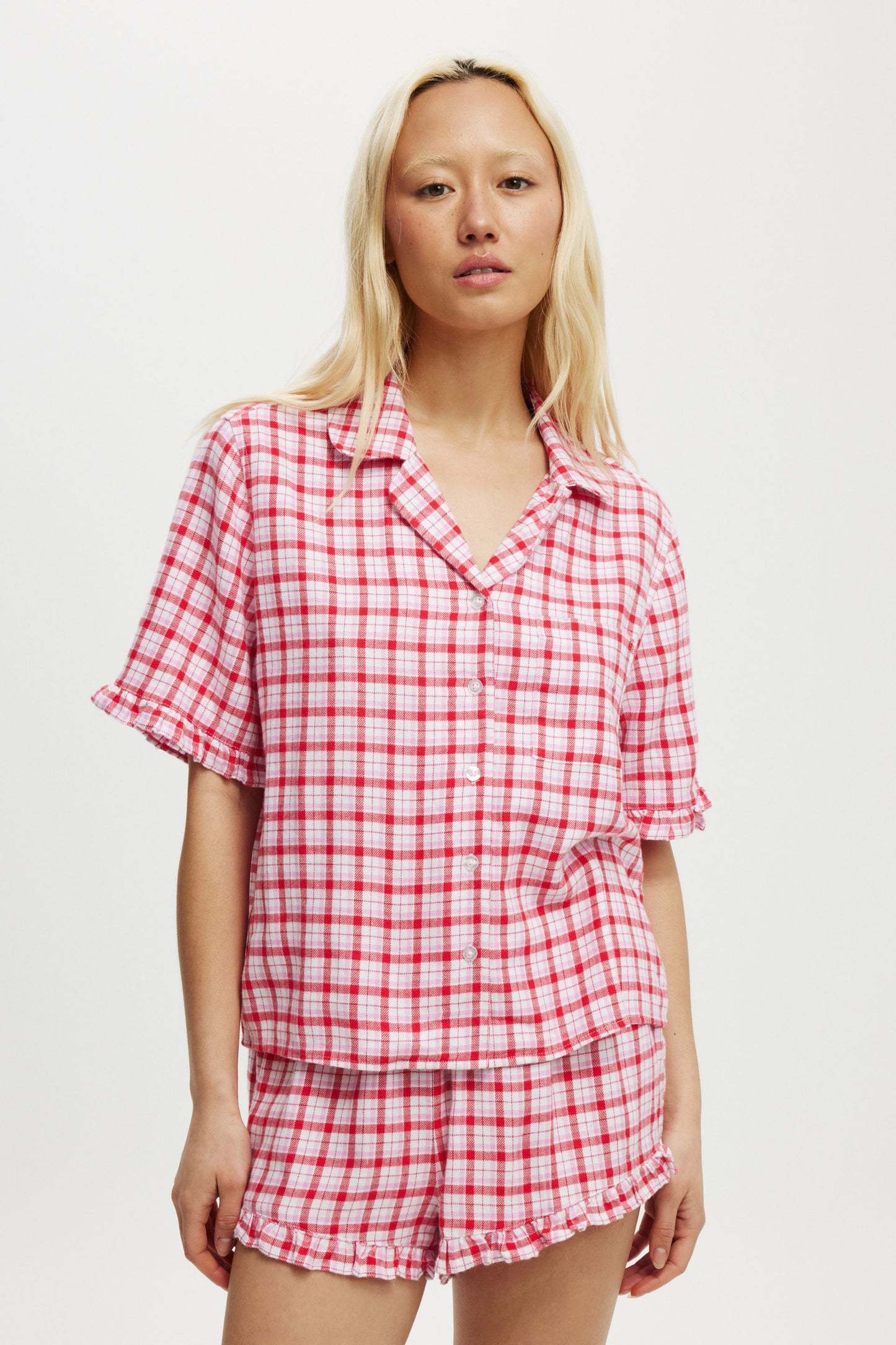Flannel Short Sleeve Shirt And Short Sleep Set