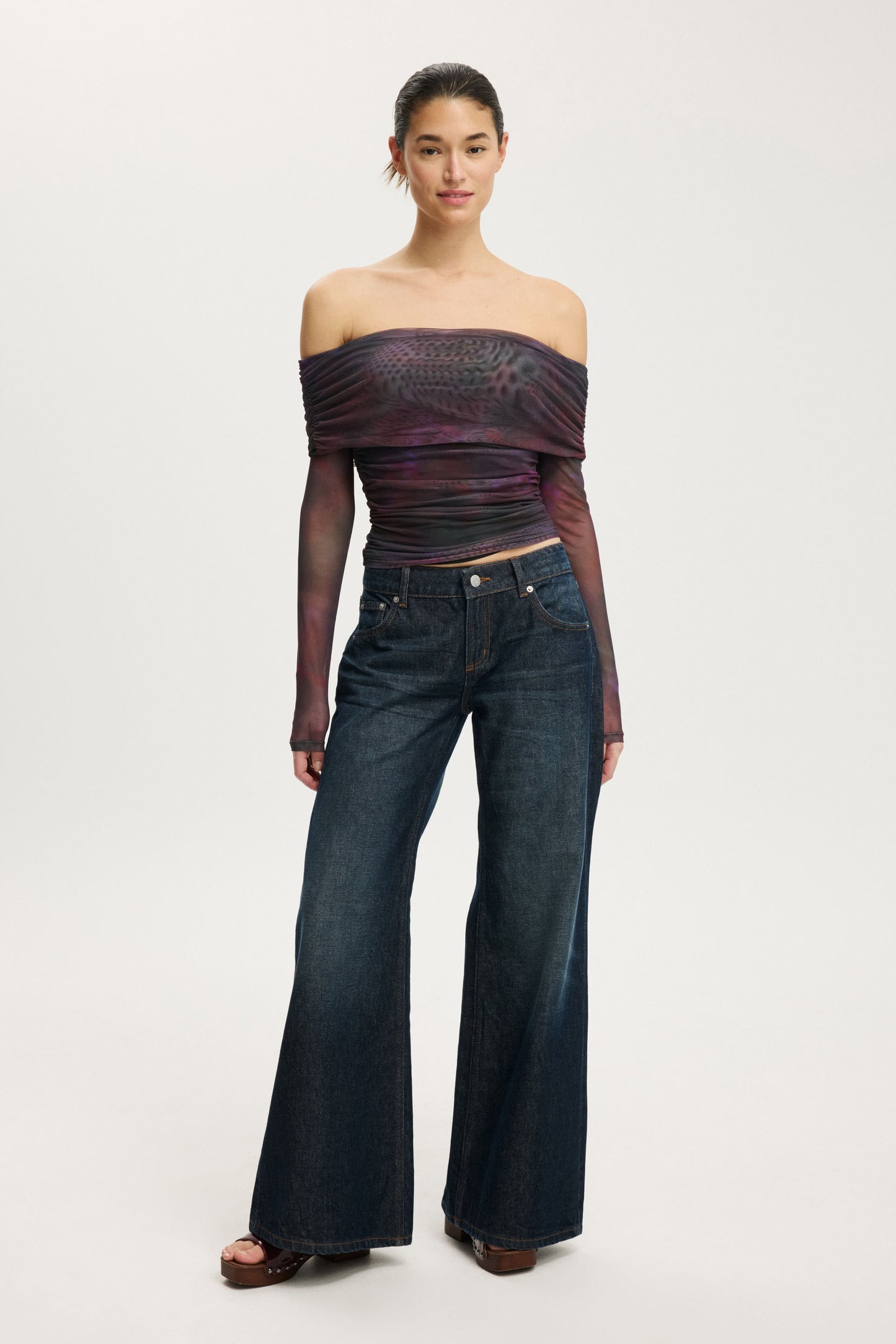 Ashley Off Shoulder Mesh Long Sleeve Top