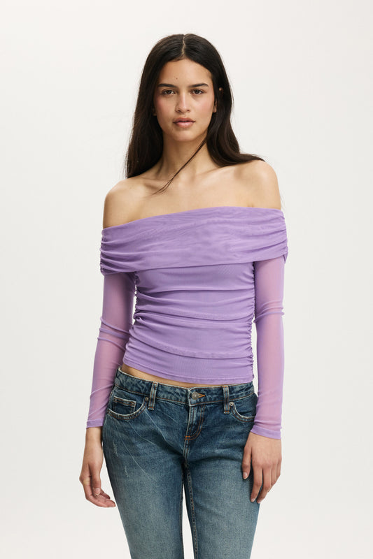 Ashley Off Shoulder Mesh Long Sleeve Top