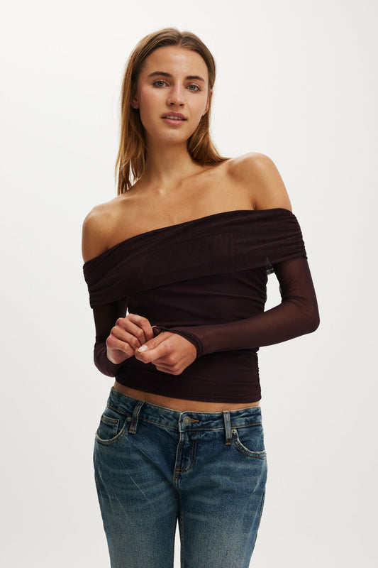 Ashley Off Shoulder Mesh Long Sleeve Top