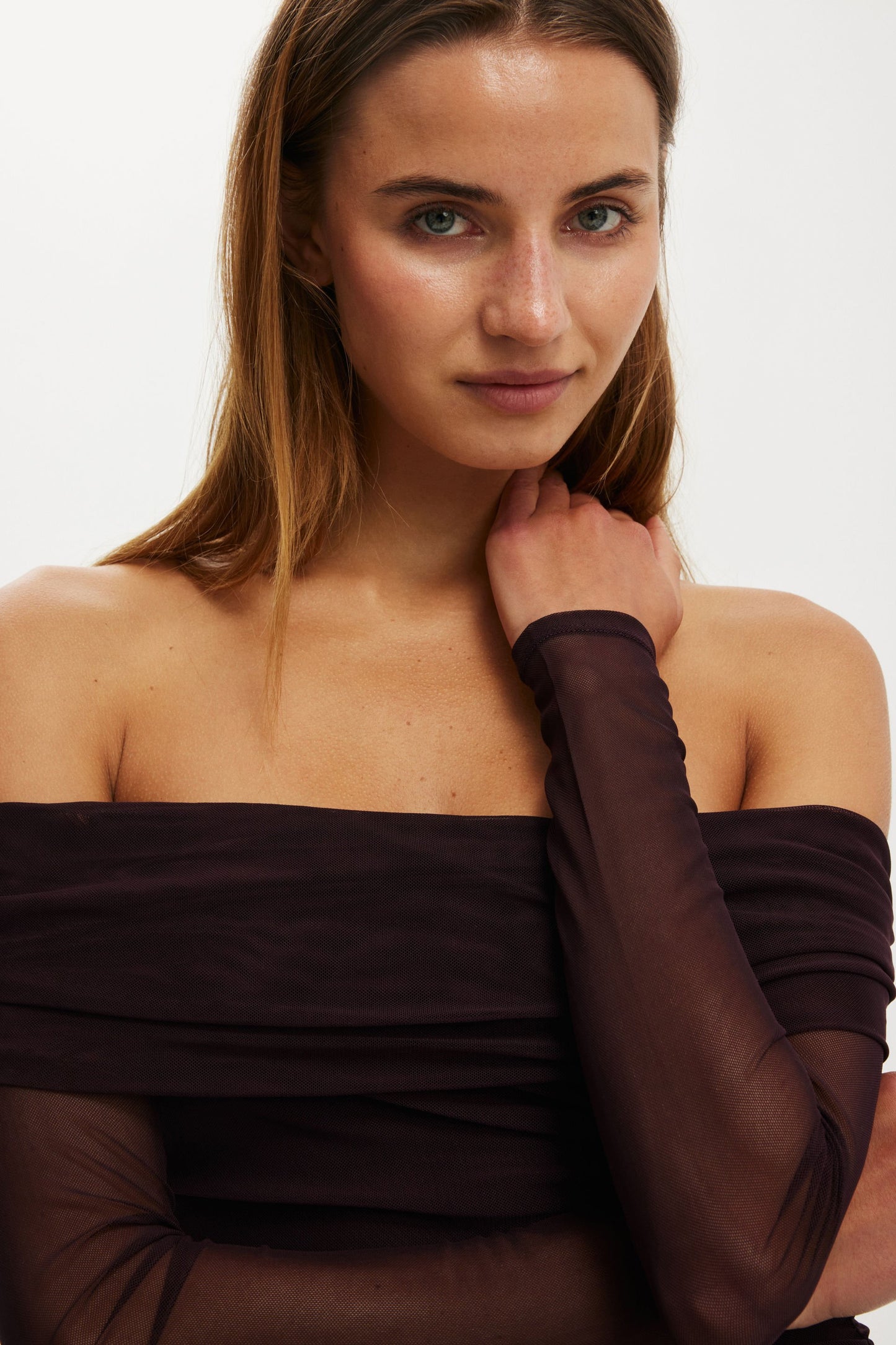 Ashley Off Shoulder Mesh Long Sleeve Top