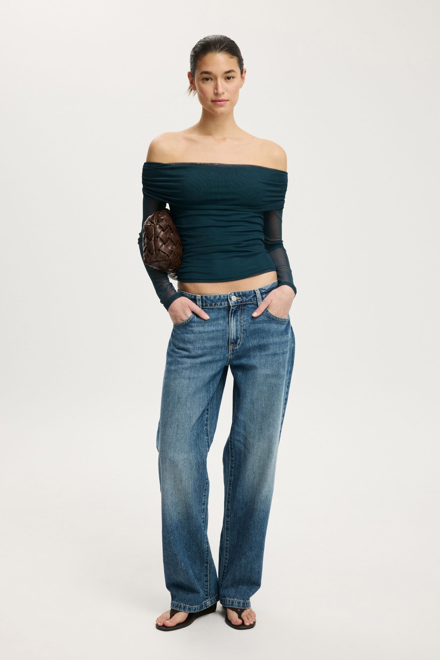 Ashley Off Shoulder Mesh Long Sleeve Top