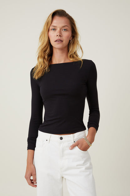 Staple Rib Boat Neck Long Sleeve Top