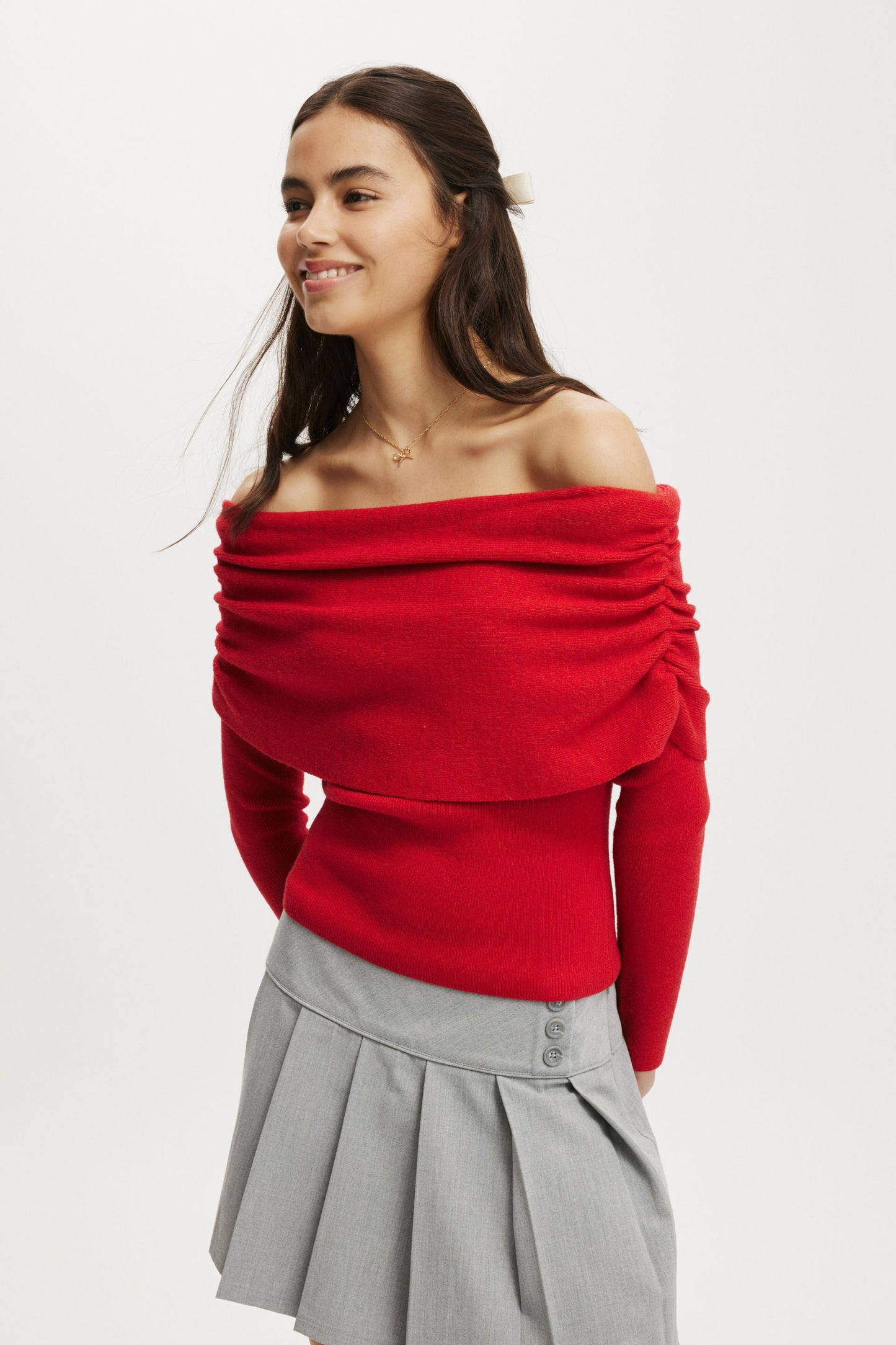 Everfine Rib Ruched Off Shoulder