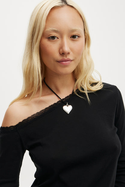 Clare Lace Trim Off The Shoulder Long Sleeve