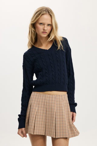 V-Neck Cotton Cropped Cable Pullover