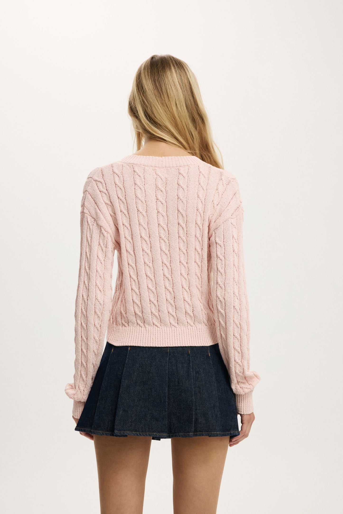 V-Neck Cotton Cropped Cable Pullover