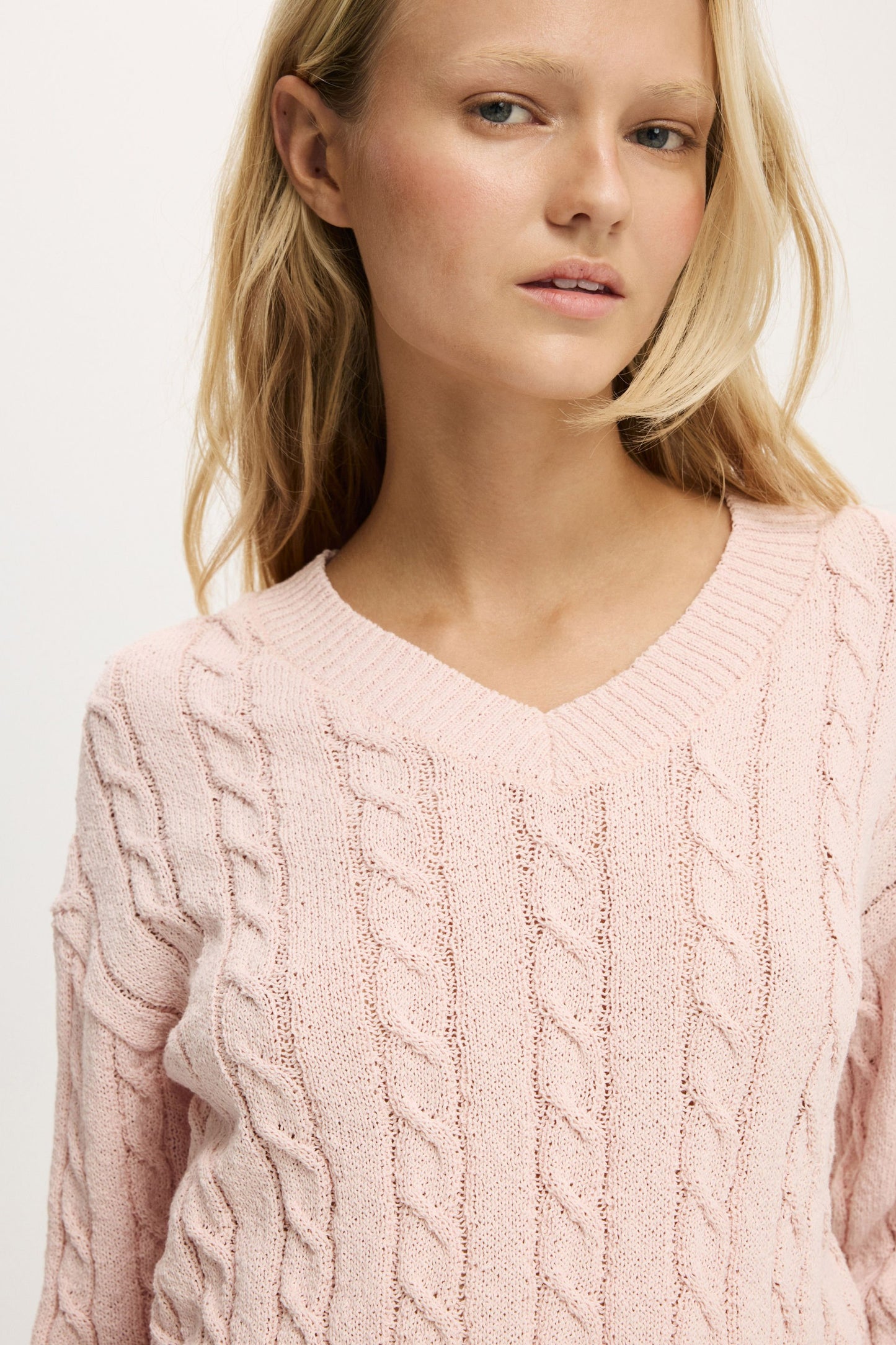 V-Neck Cotton Cropped Cable Pullover