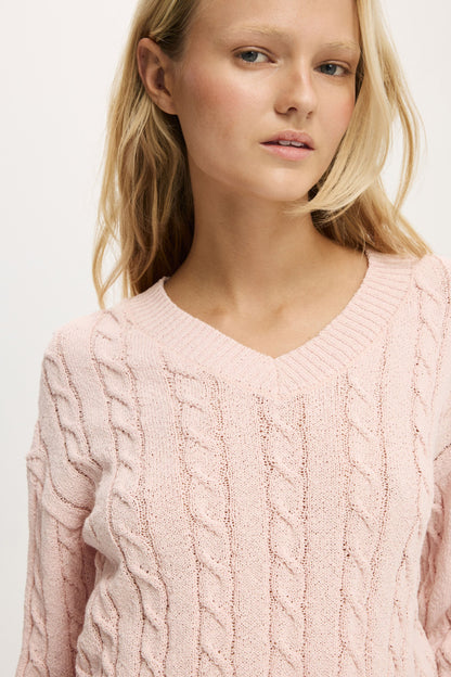 V-Neck Cotton Cropped Cable Pullover