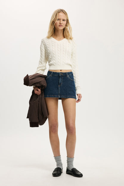 V-Neck Cotton Cropped Cable Pullover