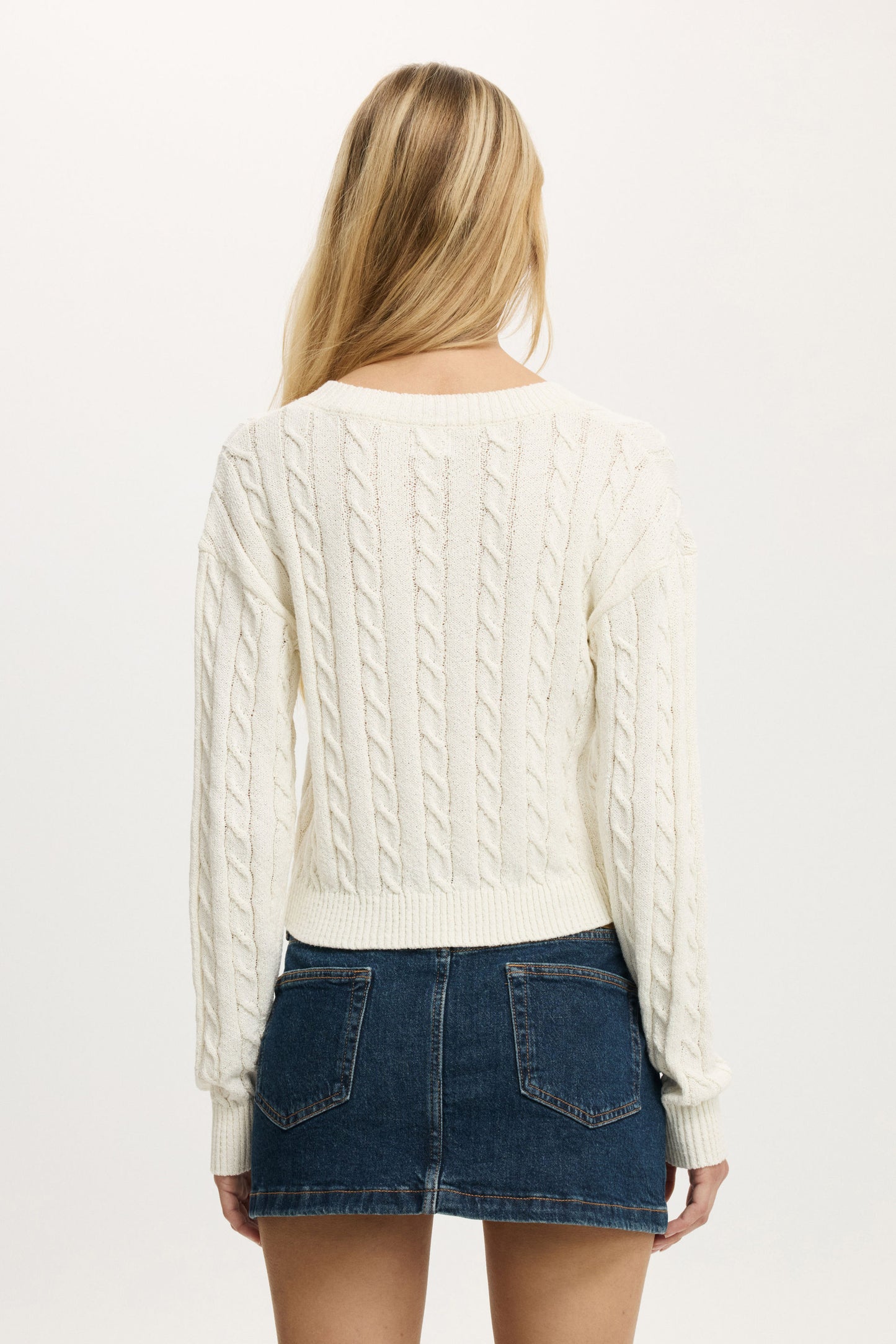 V-Neck Cotton Cropped Cable Pullover