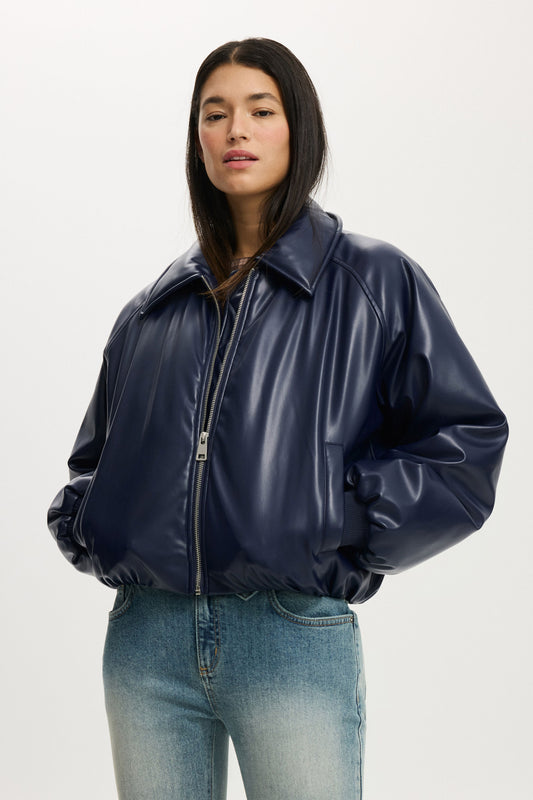 Faux Leather Puff Bomber
