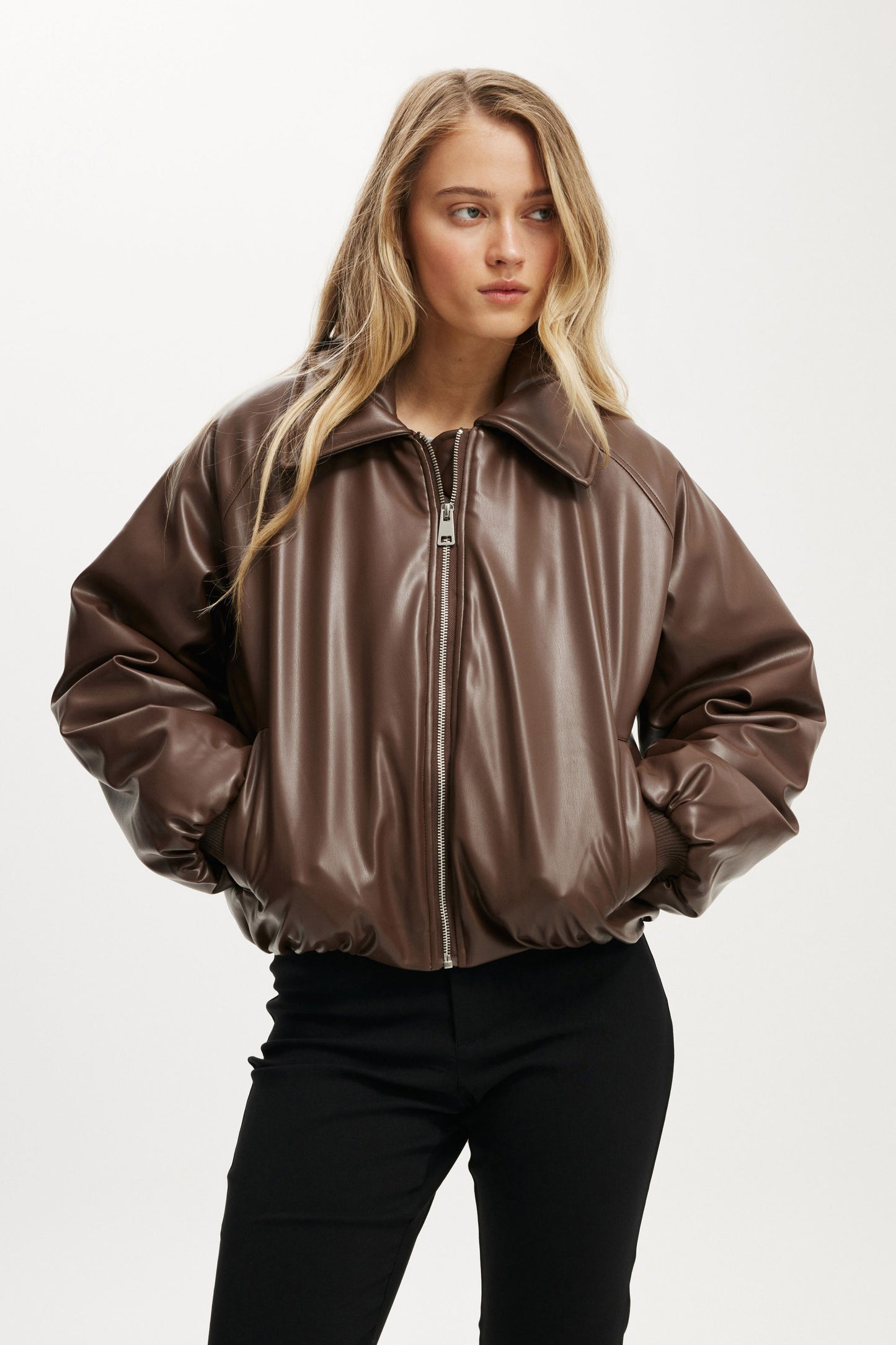 Faux Leather Puff Bomber