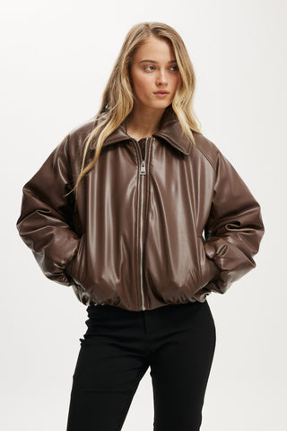 Faux Leather Puff Bomber