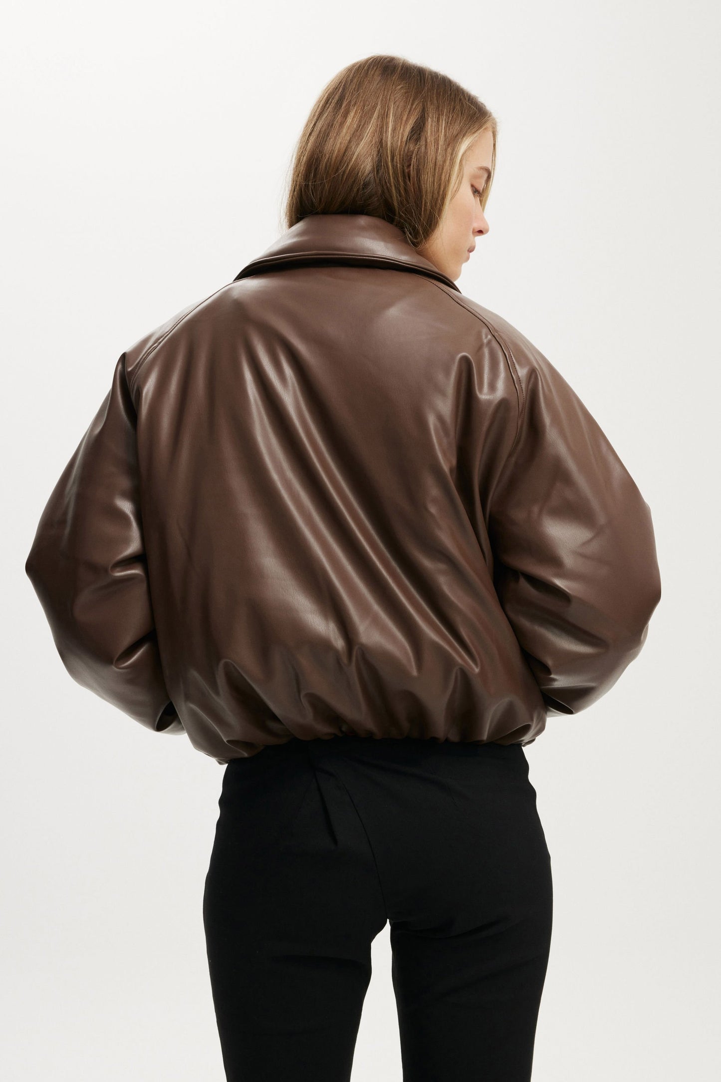 Faux Leather Puff Bomber