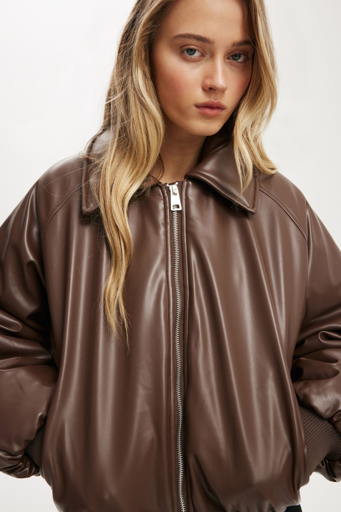 Faux Leather Puff Bomber
