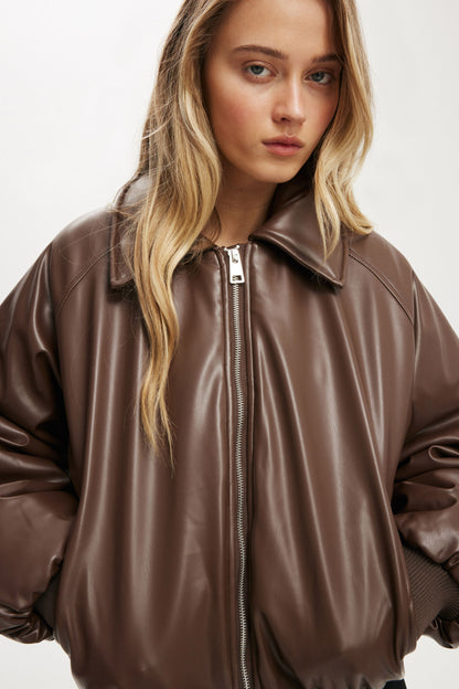 Faux Leather Puff Bomber