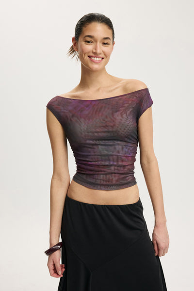 Gathered Mesh Off Shoulder Top