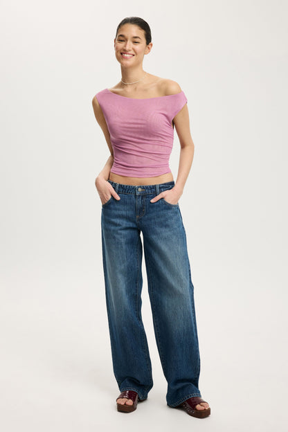 Gathered Mesh Off Shoulder Top