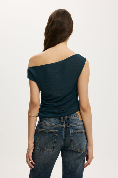 Gathered Mesh Off Shoulder Top
