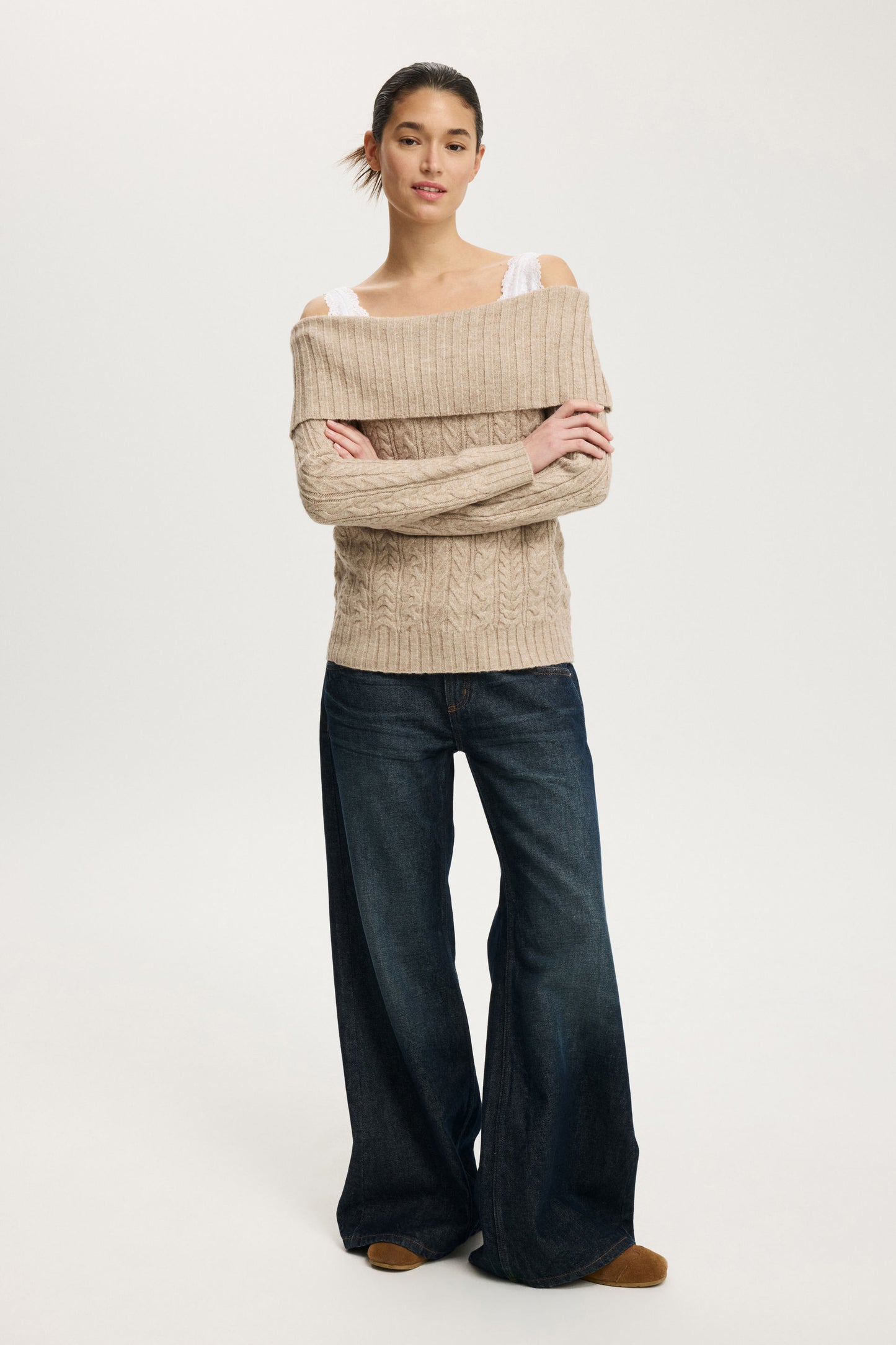 Fluffy Cable Off Shoulder Knit