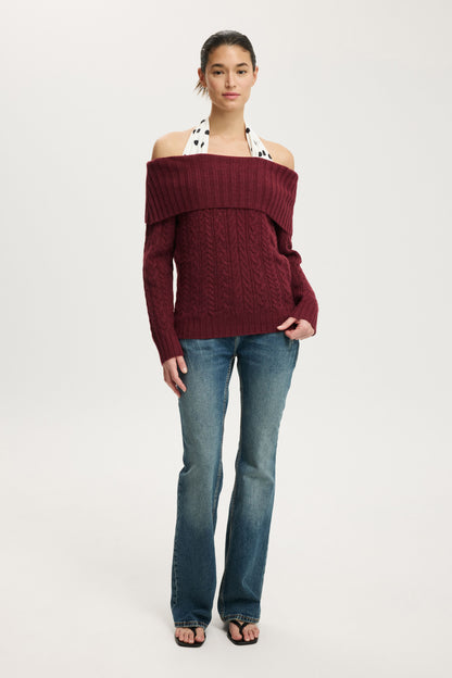 Fluffy Cable Off Shoulder Knit