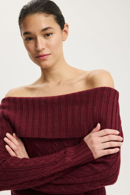 Fluffy Cable Off Shoulder Knit
