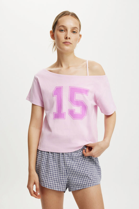 The Sporty Off Shoulder Graphic Tee
