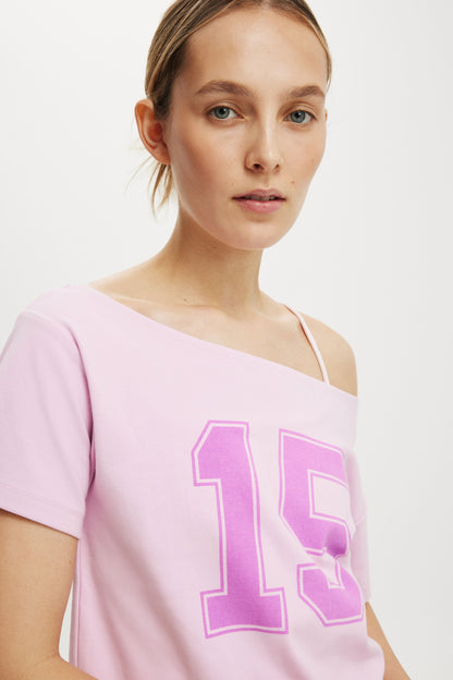 The Sporty Off Shoulder Graphic Tee