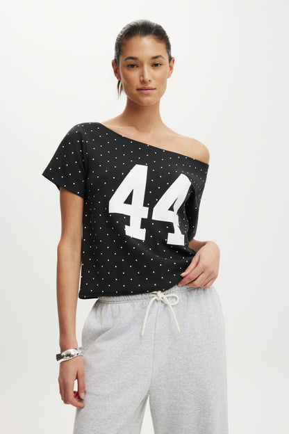 The Sporty Off Shoulder Graphic Tee