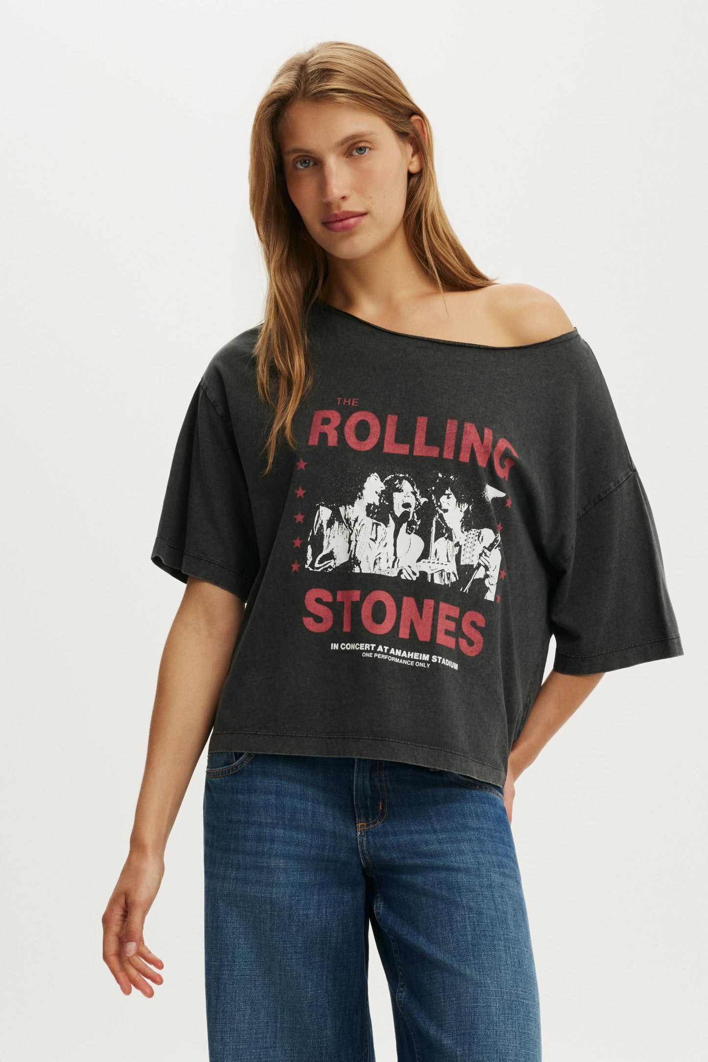 Rolling Stones Off the Shoulder Boxy Music Graphic Tee