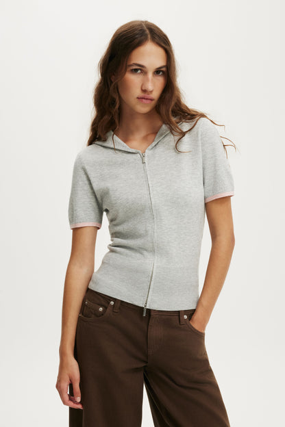 Cap Slv Sara Hooded Zip Knit