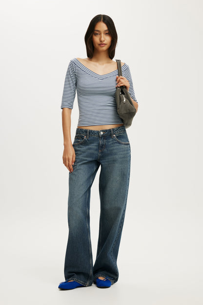 Bella Off Shoulder V Neck 3/4 Tee