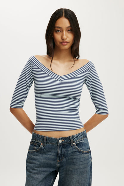 Bella Off Shoulder V Neck 3/4 Tee