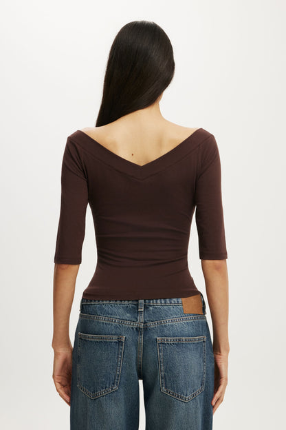 Bella Off Shoulder V Neck 3/4 Tee