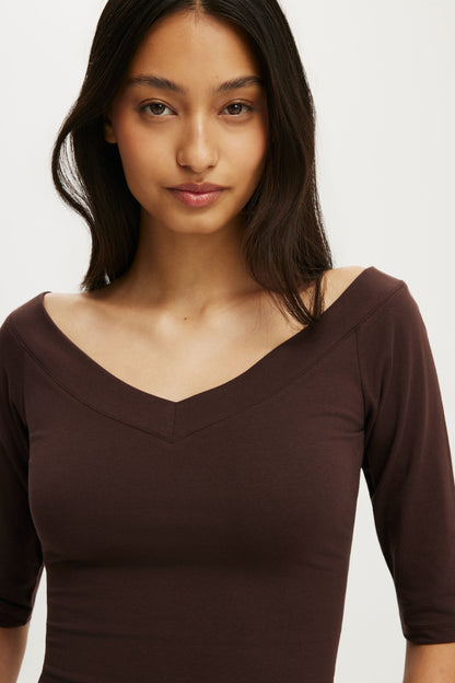 Bella Off Shoulder V Neck 3/4 Tee