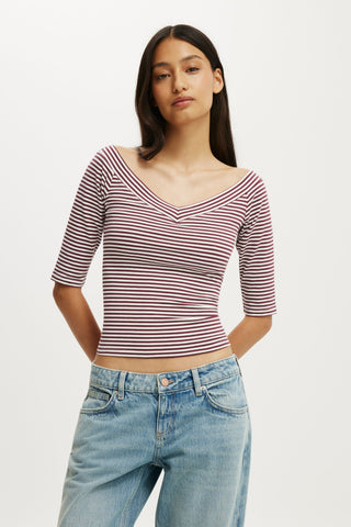 Bella Off Shoulder V Neck 3/4 Tee