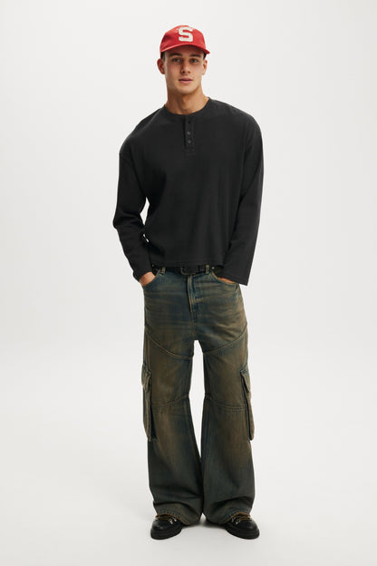 Relaxed Fit Textured Henley Long Sleeve